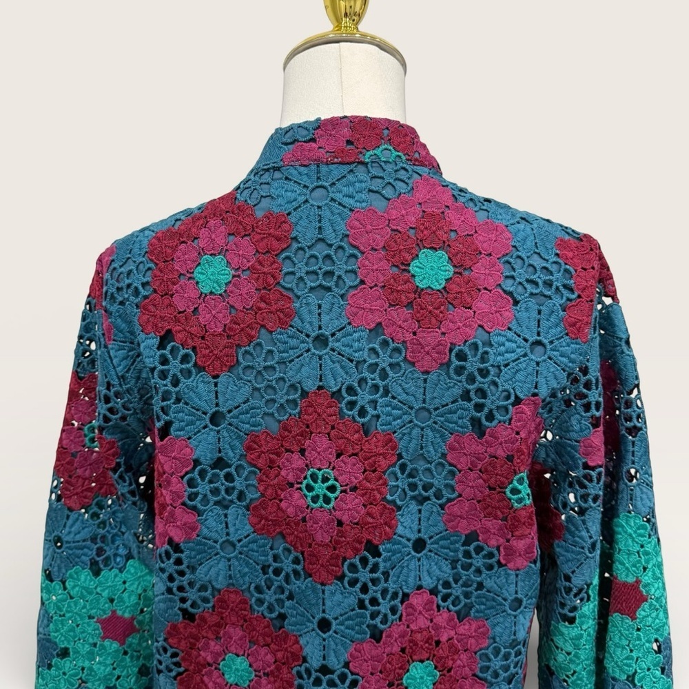J. Marie Asher XS Floral Lace 3/4 Sleeve Kaftan Short Dress Wine/Blue/Green NWT - Picture 10 of 16